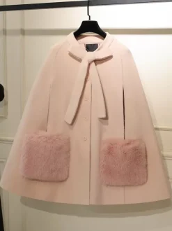 Manteaux gothiques Lolita Manteau rose N艙uds Bloc de couleur Manteau Polyester Hiver Lolita Vêtements d'extérieur