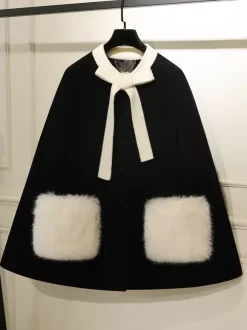 Manteaux gothiques Lolita Manteau rose N艙uds Bloc de couleur Manteau Polyester Hiver Lolita Vêtements d'extérieur