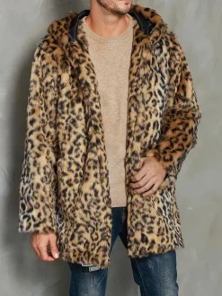 Manteaux Homme Surdimensionné À Capuche Imprimé Léopard Chic Moderne Café Brun