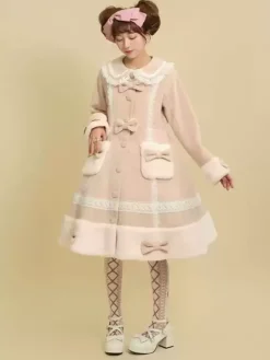Manteaux Lolita de style ROCOCO Manteau rose N艙uds Volants Manteau Polyester Hiver Lolita Vêtements d'extérieur