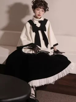 Manteaux Lolita de style ROCOCO Manteau bordeaux N艙uds Manteau bicolore Polyester Vêtements d'extérieur Lolita d'hiver
