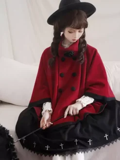 Manteaux Lolita de style ROCOCO Manteau bordeaux N艙uds Manteau bicolore Polyester Vêtements d'extérieur Lolita d'hiver