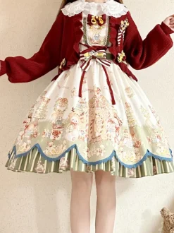 Manteaux Lolita doux manteau de noël rouge pardessus tricoté à volants mélange de coton vêtements d'extérieur Lolita d'hiver