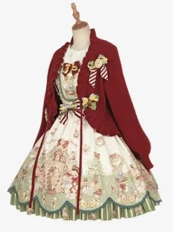 Manteaux Lolita doux manteau de noël rouge pardessus tricoté à volants mélange de coton vêtements d'extérieur Lolita d'hiver