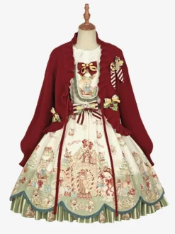 Manteaux Lolita doux manteau de noël rouge pardessus tricoté à volants mélange de coton vêtements d'extérieur Lolita d'hiver