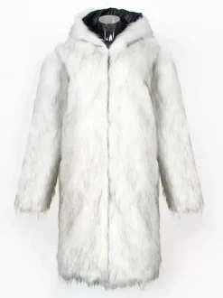 Manteaux Long En Fausse Fourrure Hiver Chaud Hommes Gris Clair Veste Manches Longues Col Rabattu Capuche