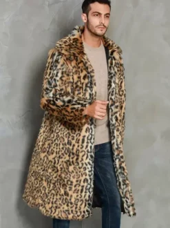 Manteaux Long En Fausse Fourrure Hiver Chaud Hommes Léopard Veste Manches Longues Col Rabattu