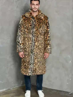 Manteaux Long En Fausse Fourrure Hiver Chaud Hommes Léopard Veste Manches Longues Col Rabattu