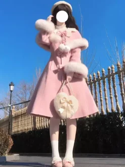 Manteaux Sweet Lolita Manteau rose N艙uds Pardessus Polyester Hiver Lolita Vêtements d'extérieur