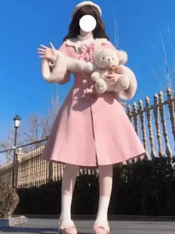 Manteaux Sweet Lolita Manteau rose N艙uds Pardessus Polyester Hiver Lolita Vêtements d'extérieur