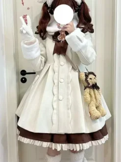 Manteaux Sweet Lolita n艙uds roses pompons manteau en polyester vêtements d'extérieur Lolita d'hiver