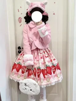 Manteaux Sweet Lolita n艙uds roses pompons manteau en polyester vêtements d'extérieur Lolita d'hiver