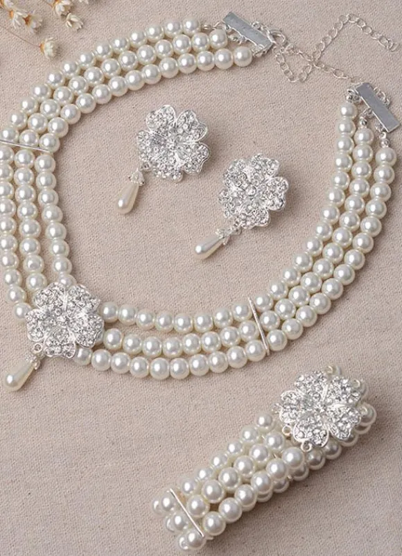 Mariage bijoux strass Set boucle d鈥檕reille perle collier et Bracelet (boucle d鈥檕reille : 5.3 Cm X 3 Cm X 0 5 Cm)