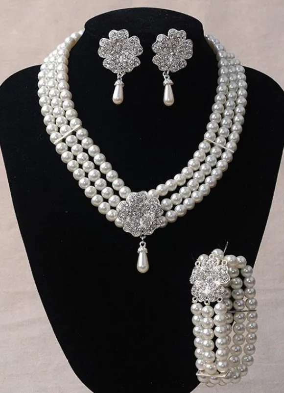 Mariage bijoux strass Set boucle d鈥檕reille perle collier et Bracelet (boucle d鈥檕reille : 5.3 Cm X 3 Cm X 0 5 Cm)