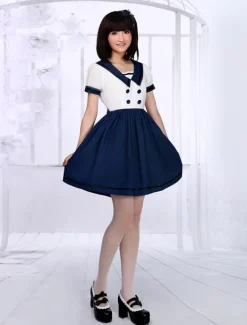 Marin Style Robe Lolita bleue attirante en coton avec ruban marin col marin Déguisements Halloween