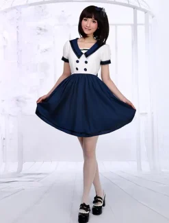 Marin Style Robe Lolita bleue attirante en coton avec ruban marin col marin Déguisements Halloween