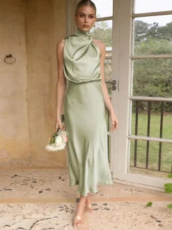 Maxi Robe Sans Manches Sexy Plissé Longueur Au Sol Robe Vert Sauge