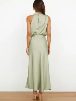 Maxi Robe Sans Manches Sexy Plissé Longueur Au Sol Robe Vert Sauge