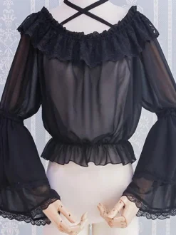 Mignonne Lolita Blouses Noir Manches Longues Bouffant Lolita Top Lolita Shirt à Bretelle