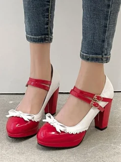 Mignonne Lolita Chaussures En Cuir Pu Bout Rond Rouge Chic