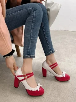 Mignonne Lolita Chaussures En Cuir Pu Bout Rond Rouge Chic