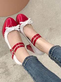 Mignonne Lolita Chaussures En Cuir Pu Bout Rond Rouge Chic
