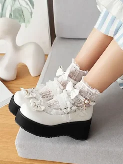 Mignonne Lolita Chaussures Perles Blanches En Cuir PU Cuir Lolita N艙ud