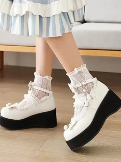 Mignonne Lolita Chaussures Perles Blanches En Cuir PU Cuir Lolita N艙ud