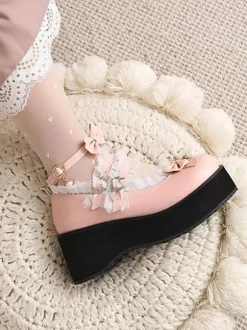 Mignonne Lolita Chaussures Perles Blanches En Cuir PU Cuir Lolita N艙ud