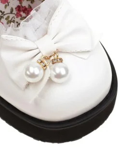Mignonne Lolita Chaussures Perles Blanches En Cuir PU Cuir Lolita N艙ud