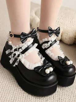 Mignonne Lolita Chaussures Perles Blanches En Cuir PU Cuir Lolita N艙ud