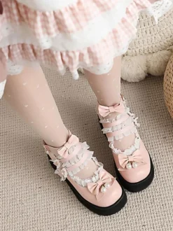 Mignonne Lolita Chaussures Perles Blanches En Cuir PU Cuir Lolita N艙ud