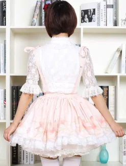 Mignonne Lolita Jupe fleur rose doux imprimé Qi Lolita dentelle garniture jupe avec porte-jarretelles Déguisements Halloween