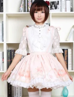 Mignonne Lolita Jupe fleur rose doux imprimé Qi Lolita dentelle garniture jupe avec porte-jarretelles Déguisements Halloween