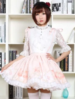 Mignonne Lolita Jupe fleur rose doux imprimé Qi Lolita dentelle garniture jupe avec porte-jarretelles Déguisements Halloween