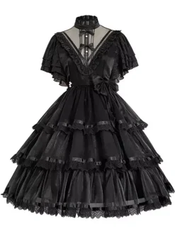 Mignonne Lolita OP Robe Dentelle Blanc Manches Courtes Volants N艙uds Robe Lolita une Pièce Robe de mariée