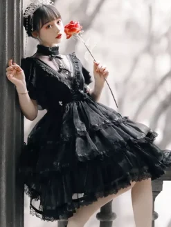 Mignonne Lolita OP Robe Dentelle Blanc Manches Courtes Volants N艙uds Robe Lolita une Pièce Robe de mariée