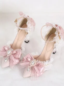 Mignonne Lolita Sandales Arcs Volants Strass Bout Pointu Arc Tissu Élastique Rose Lolita Chaussures D'été