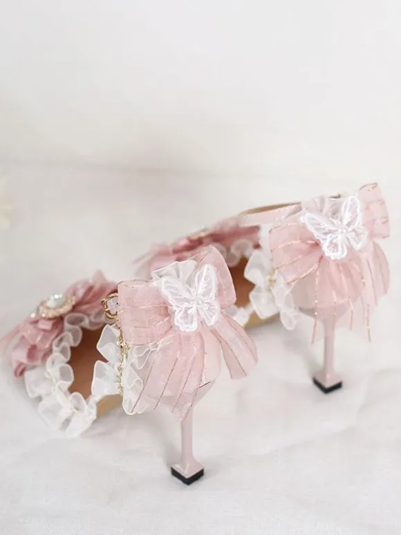 Mignonne Lolita Sandales Arcs Volants Strass Bout Pointu Arc Tissu Élastique Rose Lolita Chaussures D'été