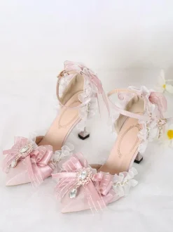Mignonne Lolita Sandales Arcs Volants Strass Bout Pointu Arc Tissu Élastique Rose Lolita Chaussures D'été