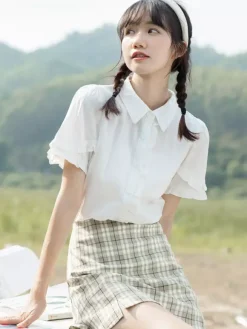 Mignonne Lolita Blouses Blanc Manches Courtes Dentelle Lolita Top Lolita Chemise