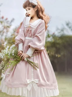 Mignonne Lolita Robe Polyester Manches Longues En Dentelle Rose Douce Lolita Une Pièce Robe