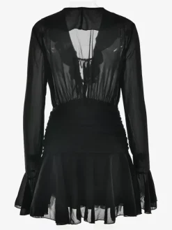 Mini robe patineuse à col en V et manches longues avec n艙ud sur le devant pour femme 2026