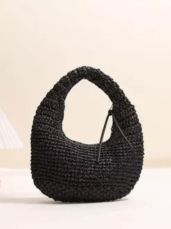 Mini sac bandoulière en raphia et paille style croissant tissé ajouré sac hobo sac à main d'été pour la plage.