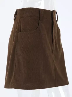 Mini-jupe femme en velours côtelé marron - Coupe rétro taille haute slim trapèze - Collection printemps-été 2026