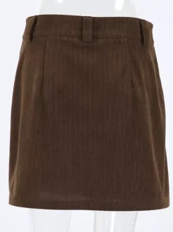Mini-jupe femme en velours côtelé marron - Coupe rétro taille haute slim trapèze - Collection printemps-été 2026