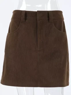 Mini-jupe femme en velours côtelé marron - Coupe rétro taille haute slim trapèze - Collection printemps-été 2026