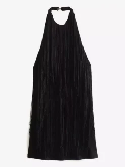 Mini-robe à franges et pompons dos nu et décolleté licou pour soirée 2026