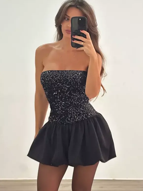 Mini-robe bustier à sequins et jupe bouffante 2026