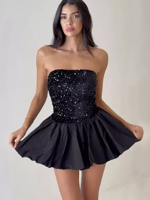 Mini-robe bustier à sequins et jupe bouffante 2026